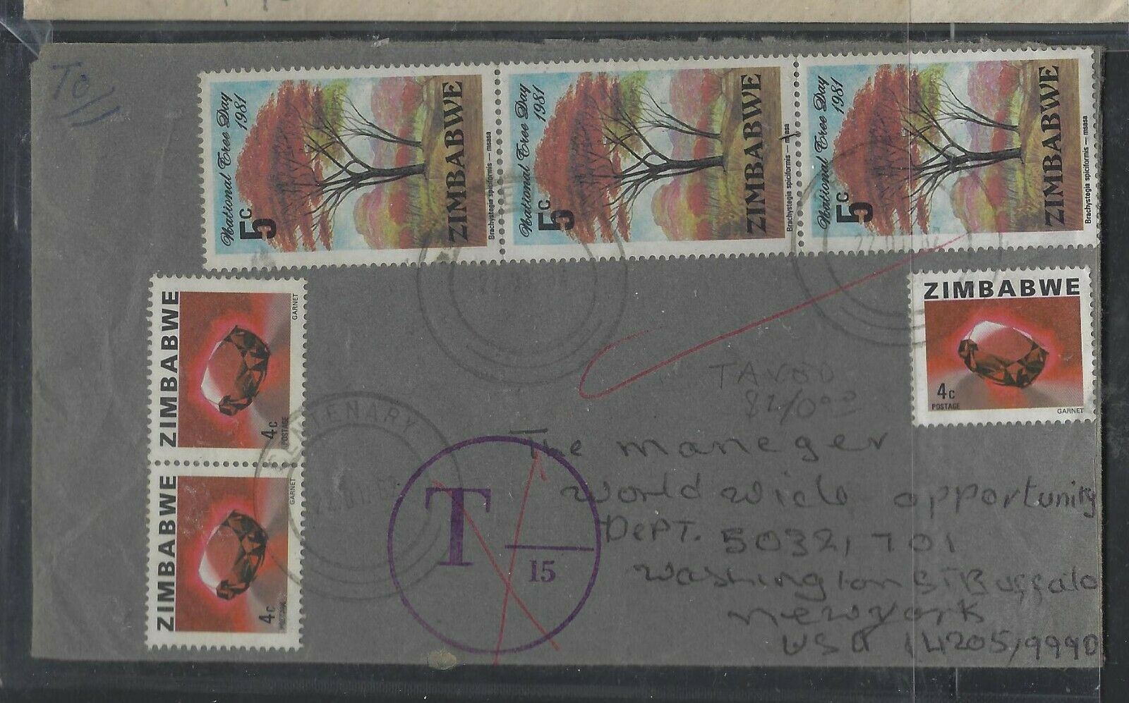 Zimbabwe Cover (pp1003bb)  1982 Gemstone 4cx3+tree 5cx3 Taxed Cover To Usa