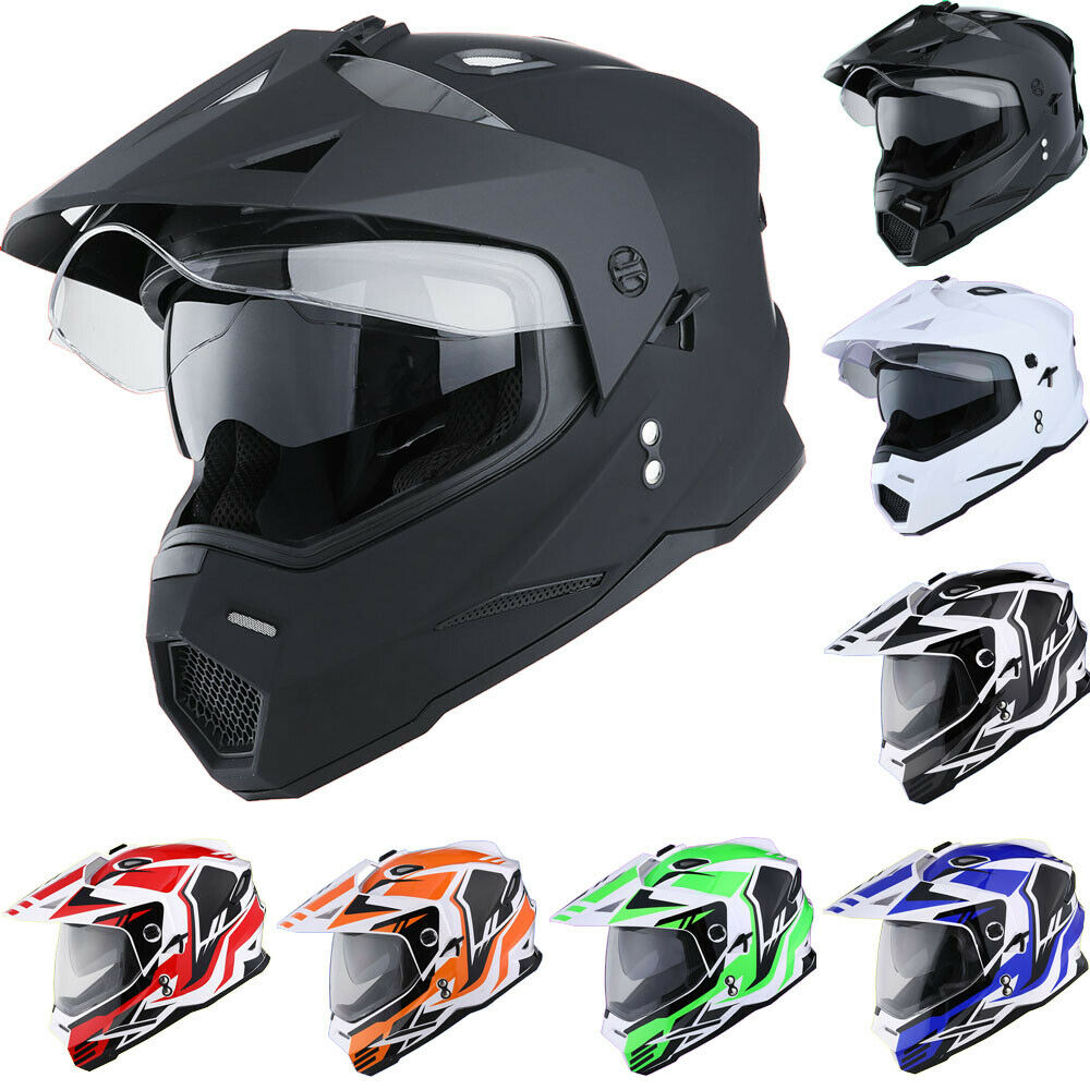 Dual Sport Dual Visor Motorcycle Motocross Full Face Helmet Black Blue Red Green