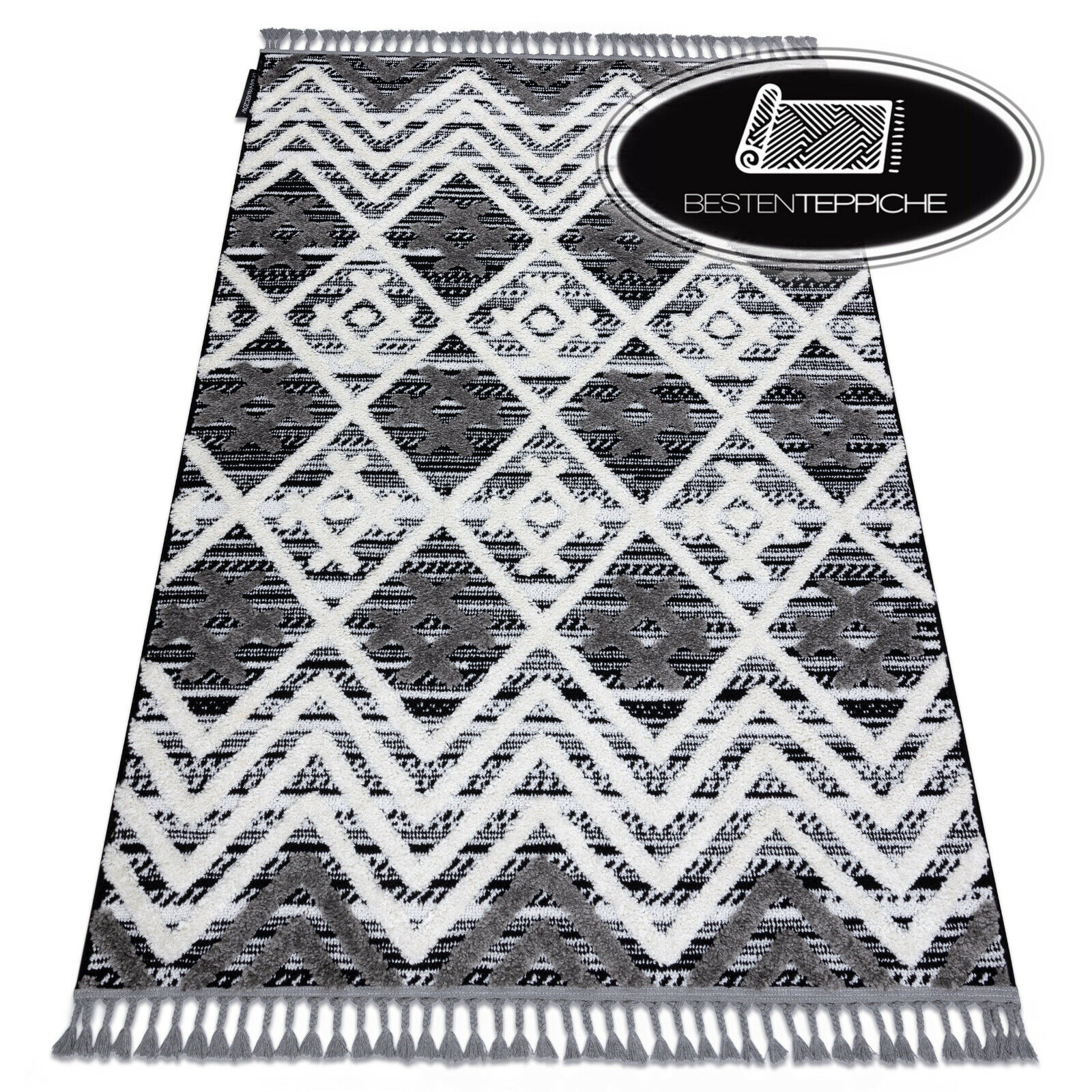 Modern Fringe Thick Shaggy Carpet Maroc Zigzag Diamonds Grey White Ethnic
